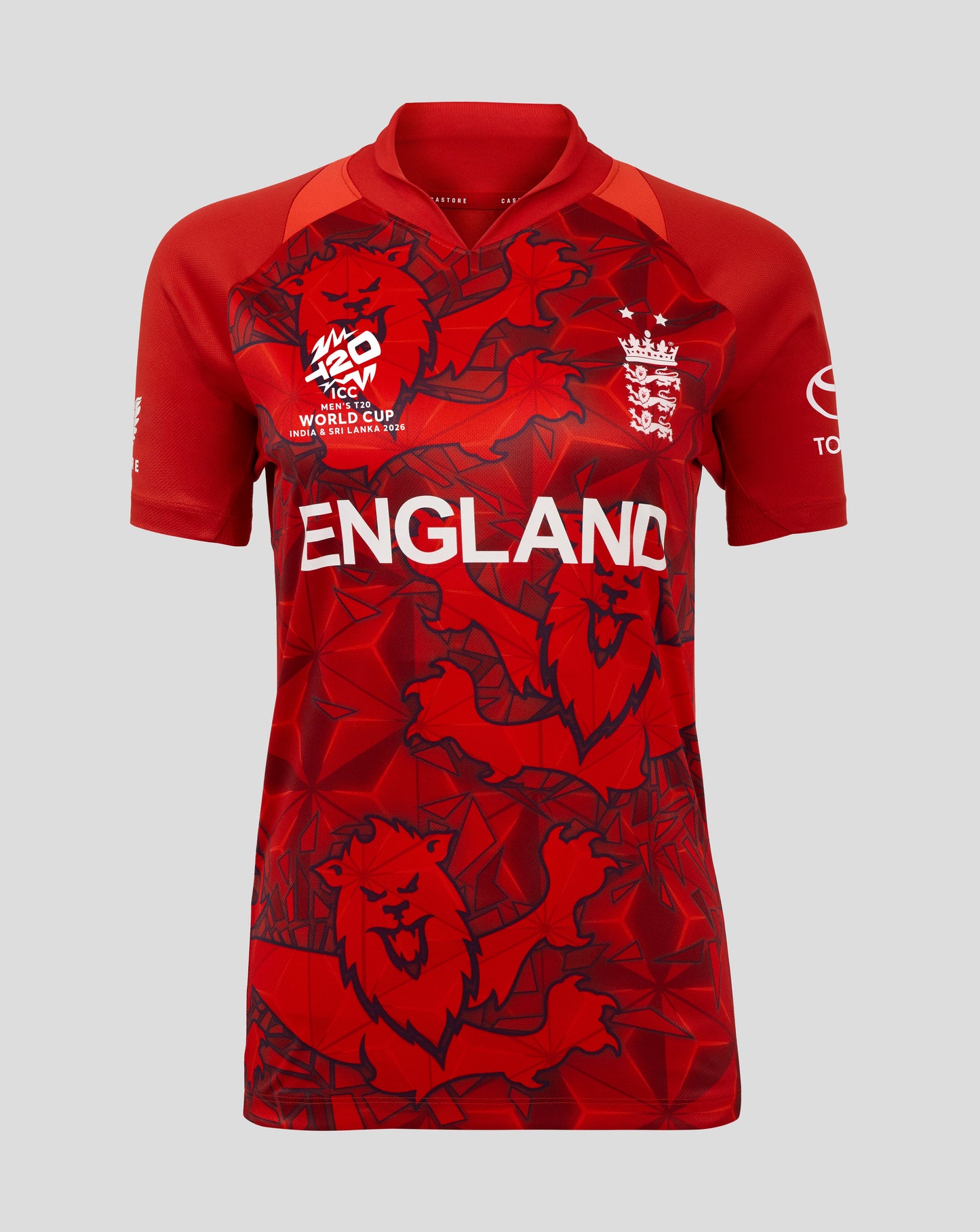 Red sports jersey with 'England' and lion emblem on a gray background