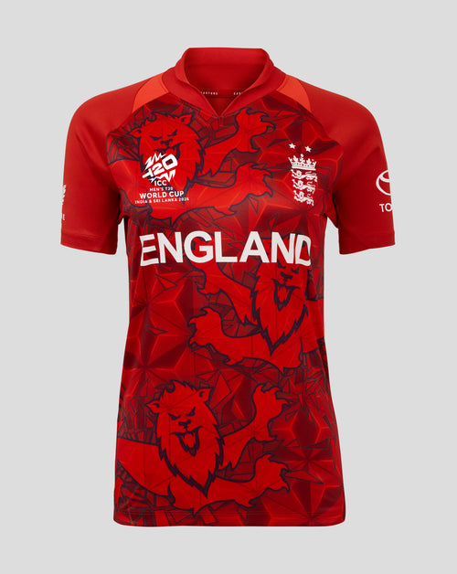 Red sports jersey with 'England' and lion emblem on a gray background