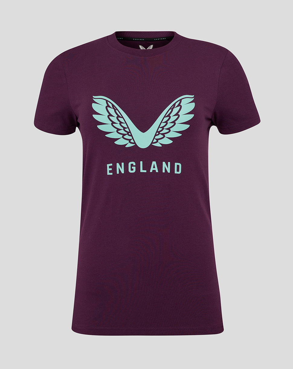 Women's England Cricket 25/26 Logo Tee - Blackberry Wine/Aqua Splash
