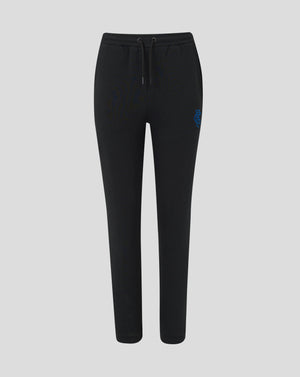 Front view of black Rangers Women Core joggers with drawstring waist and blue crest on left thigh.