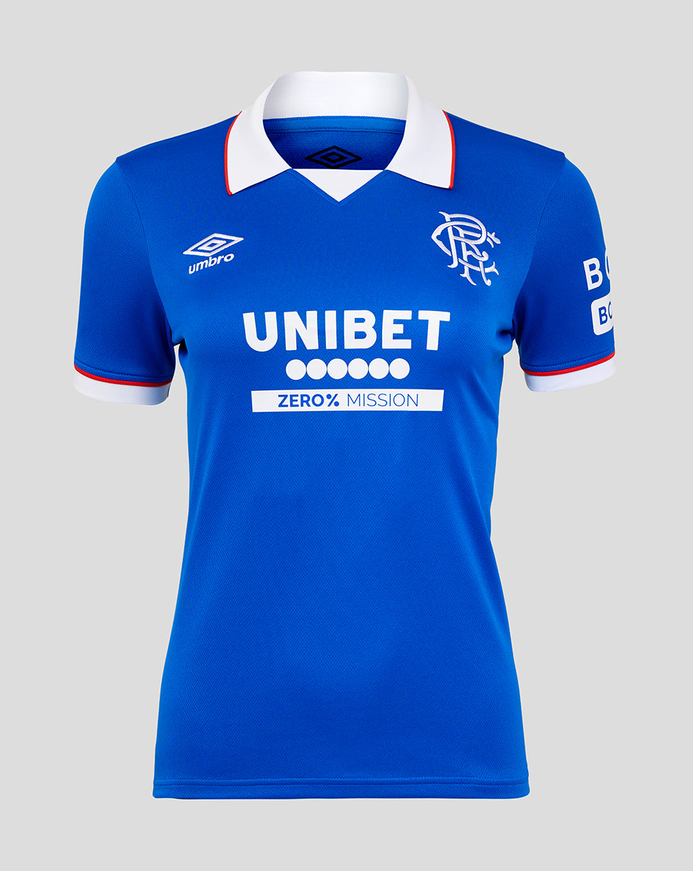 Rangers FC 25/26 women's home shirt in blue with white collar and crest.