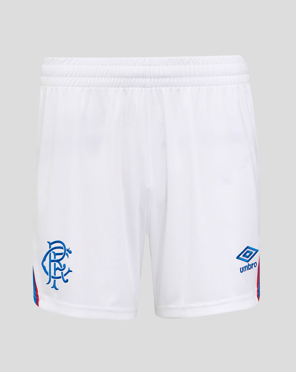 White Rangers FC womens home shorts with blue crest on the left leg and Umbro logo on the right plus blue and red trim at the leg openings