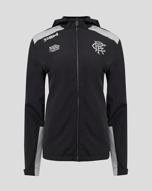 Rangers women's packable hooded training jacket in black with gray shoulder panels front view featuring 32Red logo and club crest