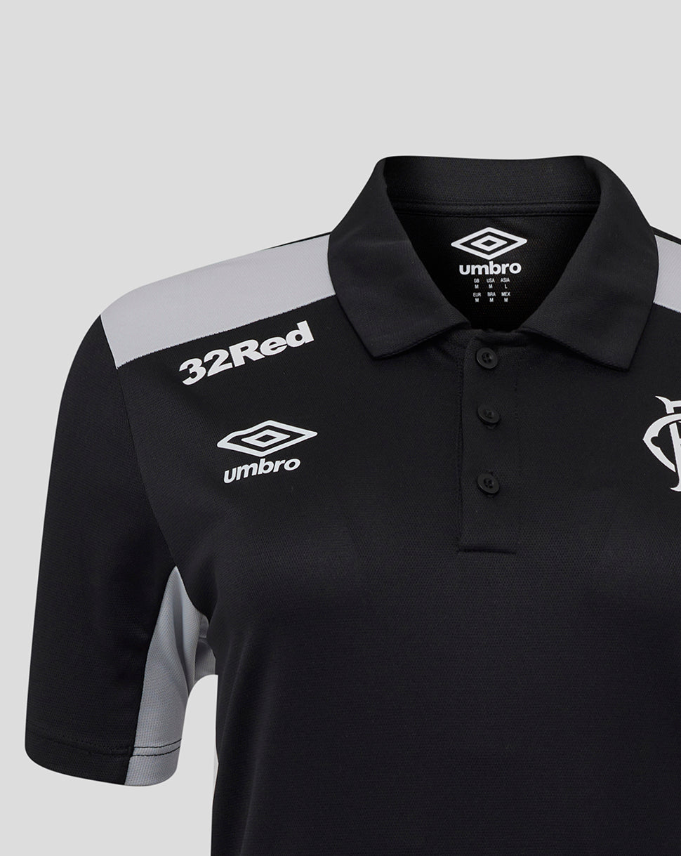 Close-up of Rangers women's presentation polo chest area showing sponsor 32Red and Umbro logos.