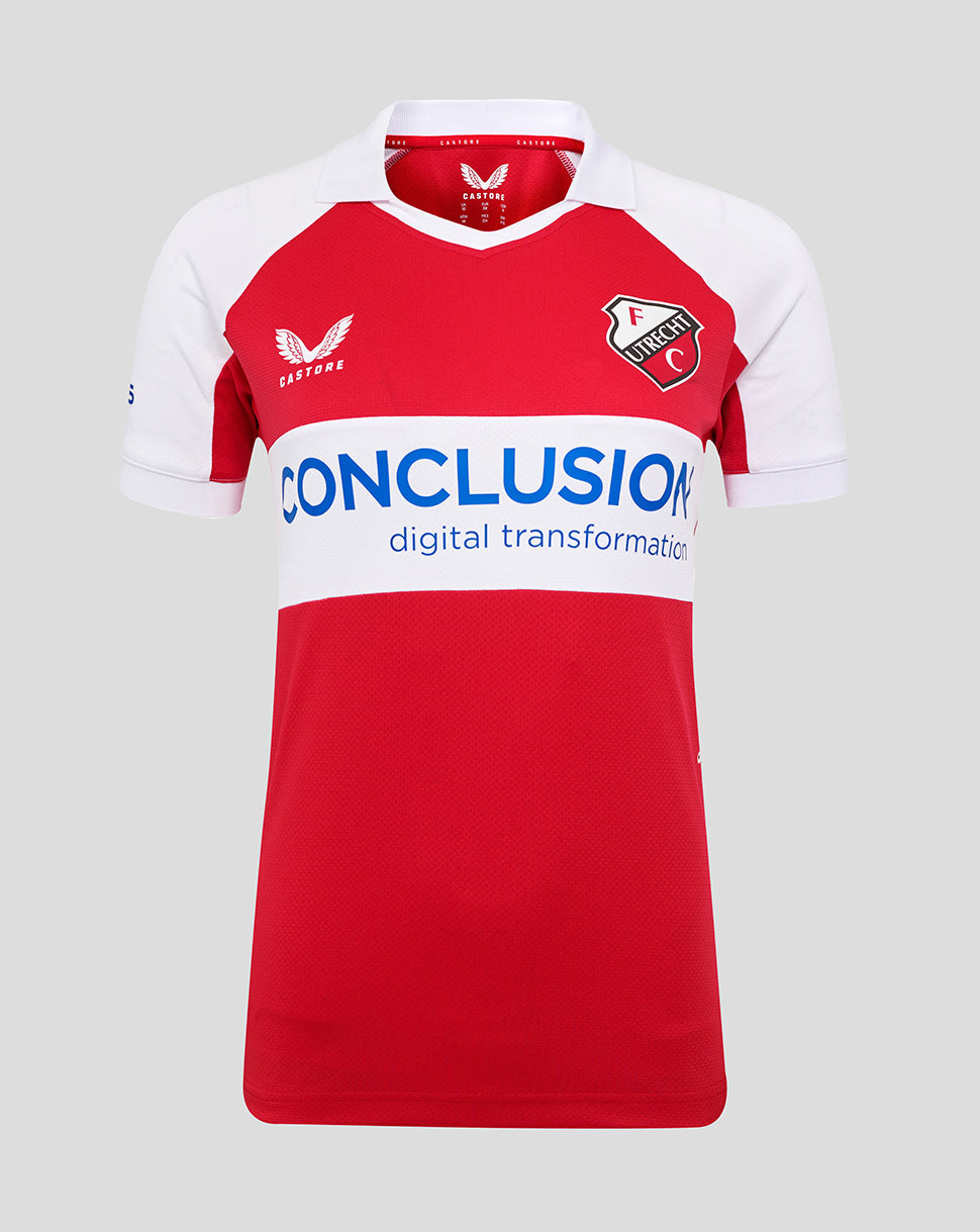 Front view of FC Utrecht Fourth Shirt in red and white with a white central band, club logo left chest and CONCLUSION sponsor.