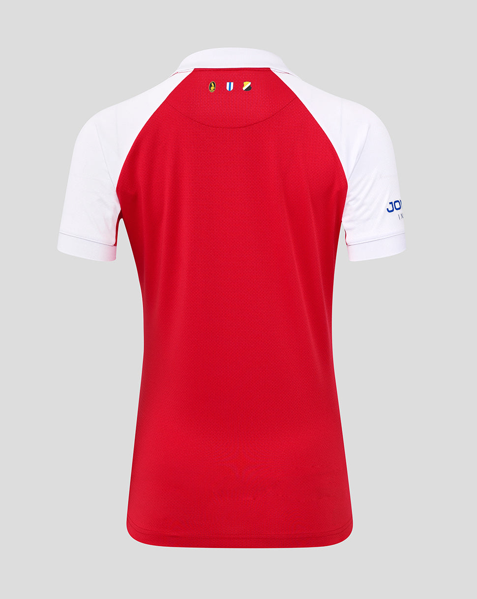 Back view of FC Utrecht Fourth Shirt in red with white sleeves and small emblem badges at the upper back.