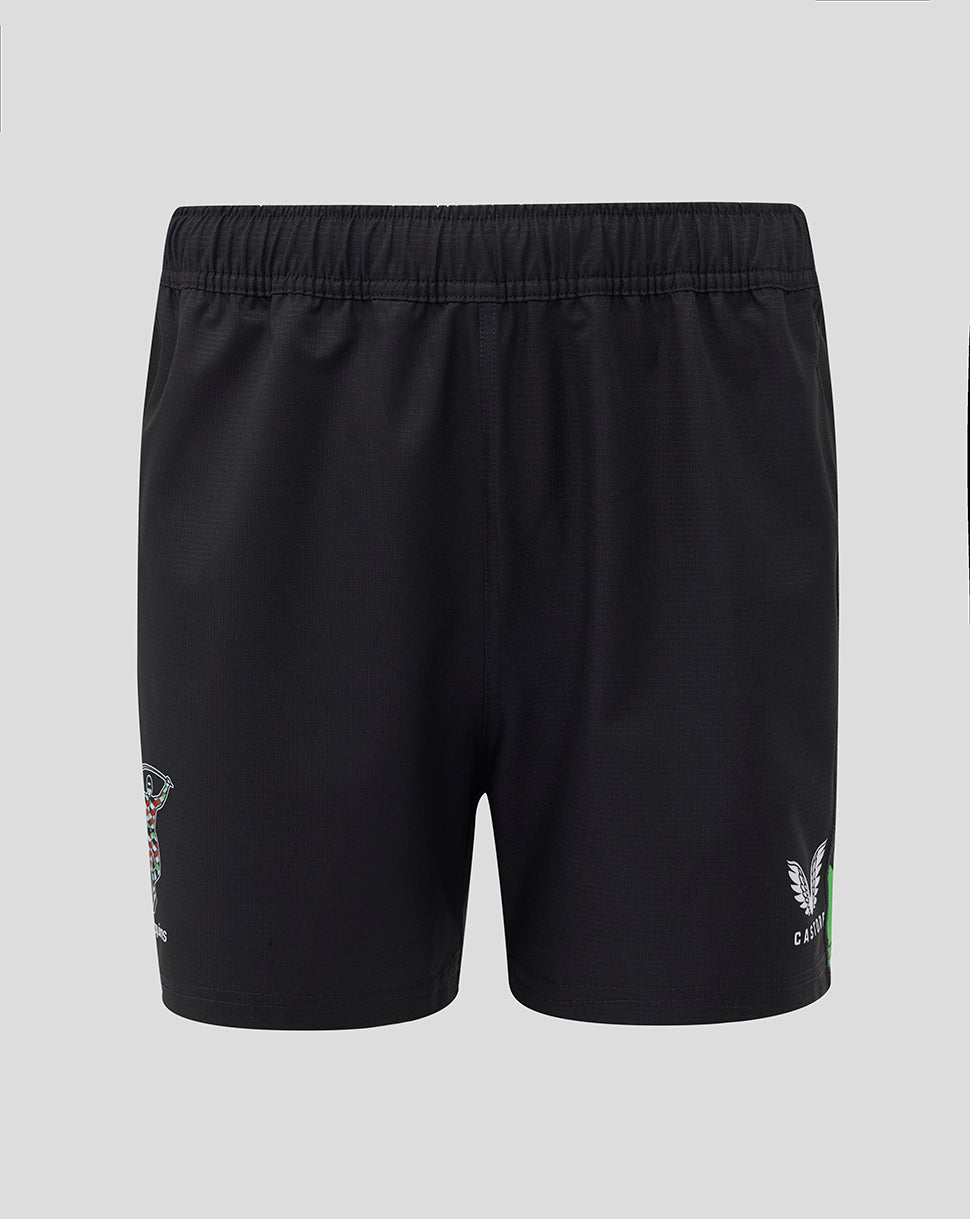 Harlequins women's Pro Home Shorts in black with elastic waistband left leg crest right leg Castore logo and green hem accents