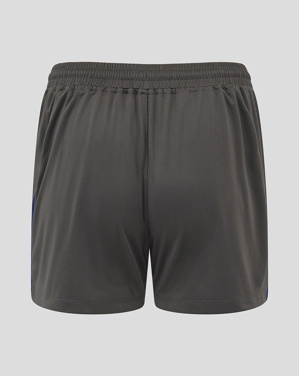 Dark gray athletic shorts with an elastic waistband, shown from the back on a light gray background.
