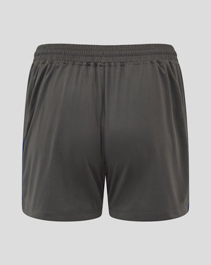 Dark gray athletic shorts with an elastic waistband, shown from the back on a light gray background.