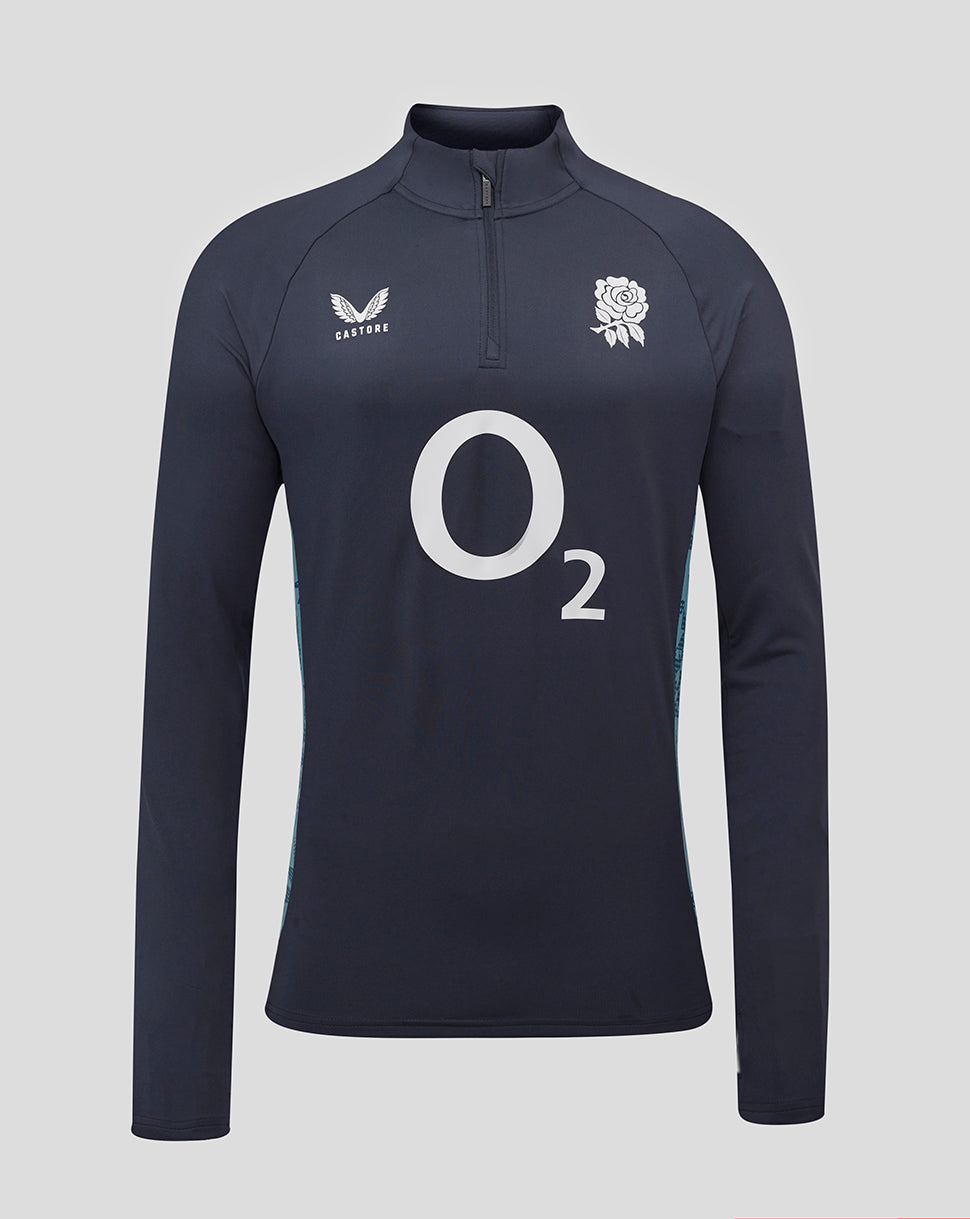 Navy long-sleeve sports top with white branding on a light gray background