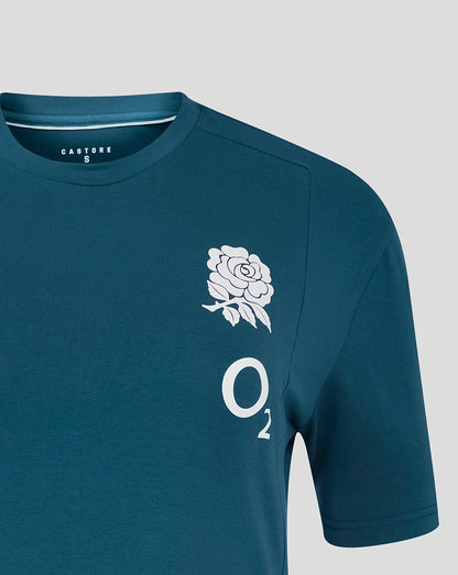 Teal t-shirt with white rose and 'O2' logo on a gray background