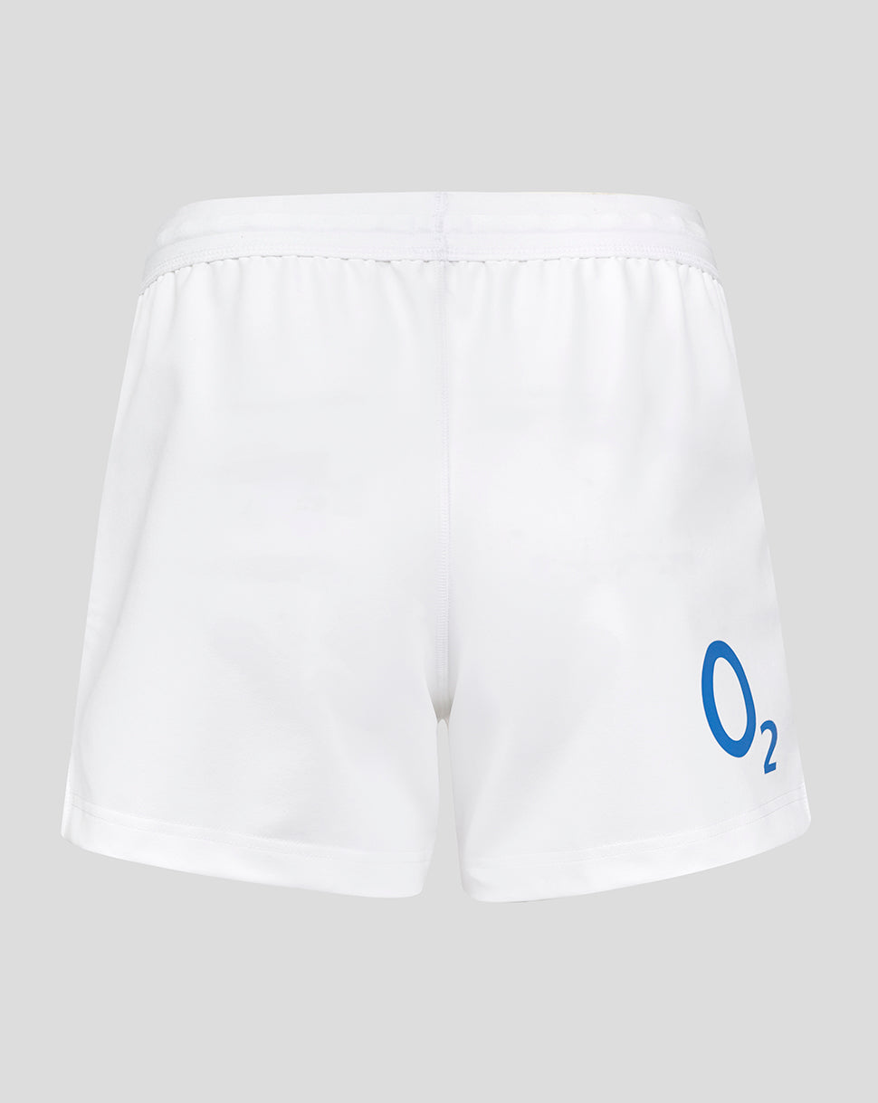 Back view of white Women's Red Roses Home Pro Short with a blue O2 logo on the side.