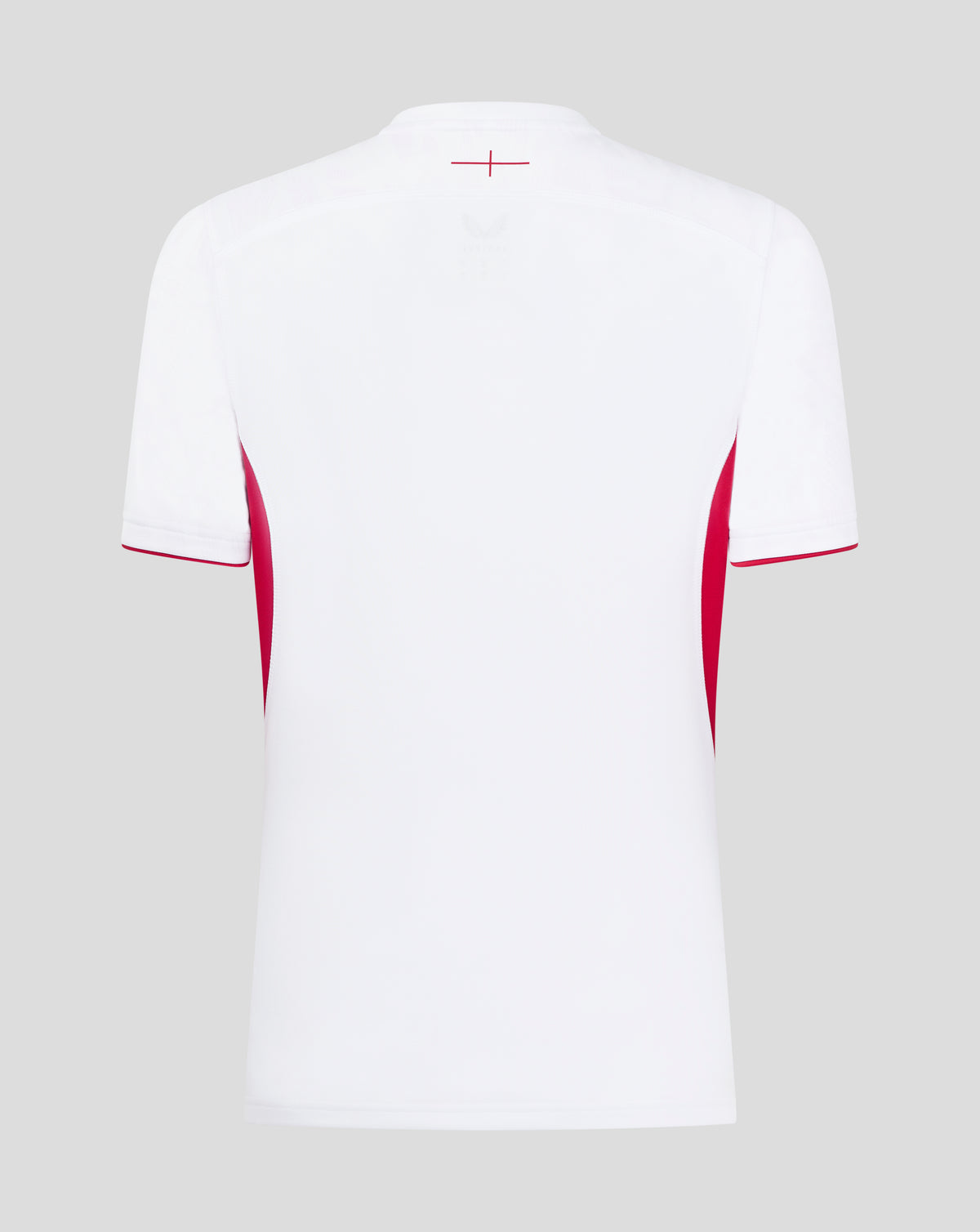 Back view of white women's England Rugby home shirt with a small red cross detail at the upper back near the neck