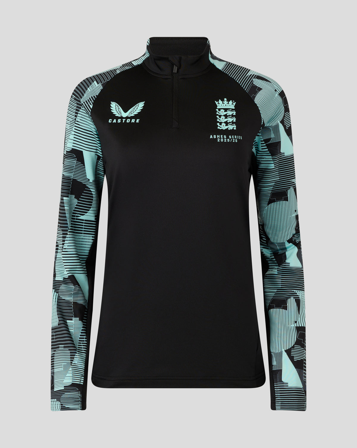 England Ashes Women's 25/26 pro quarter zip training top in black with teal patterned sleeves and crest