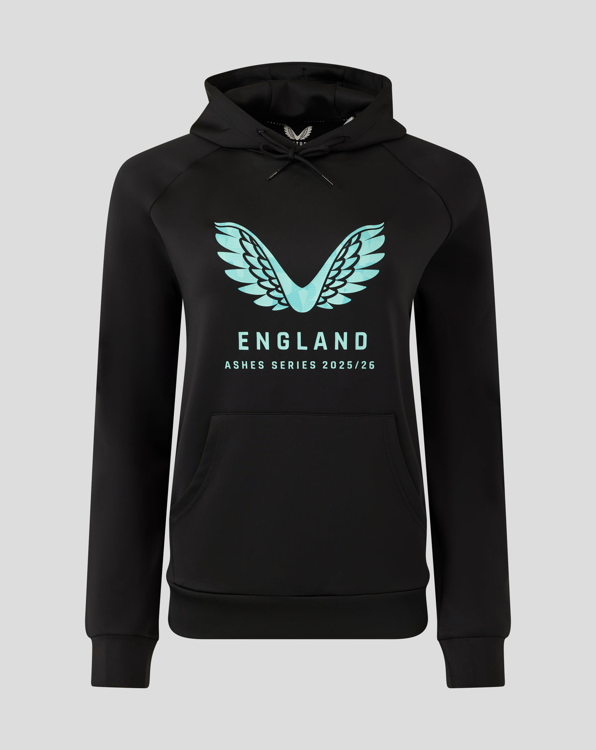 Front view of black England Ashes women's hoodie with teal wing logo and lettering