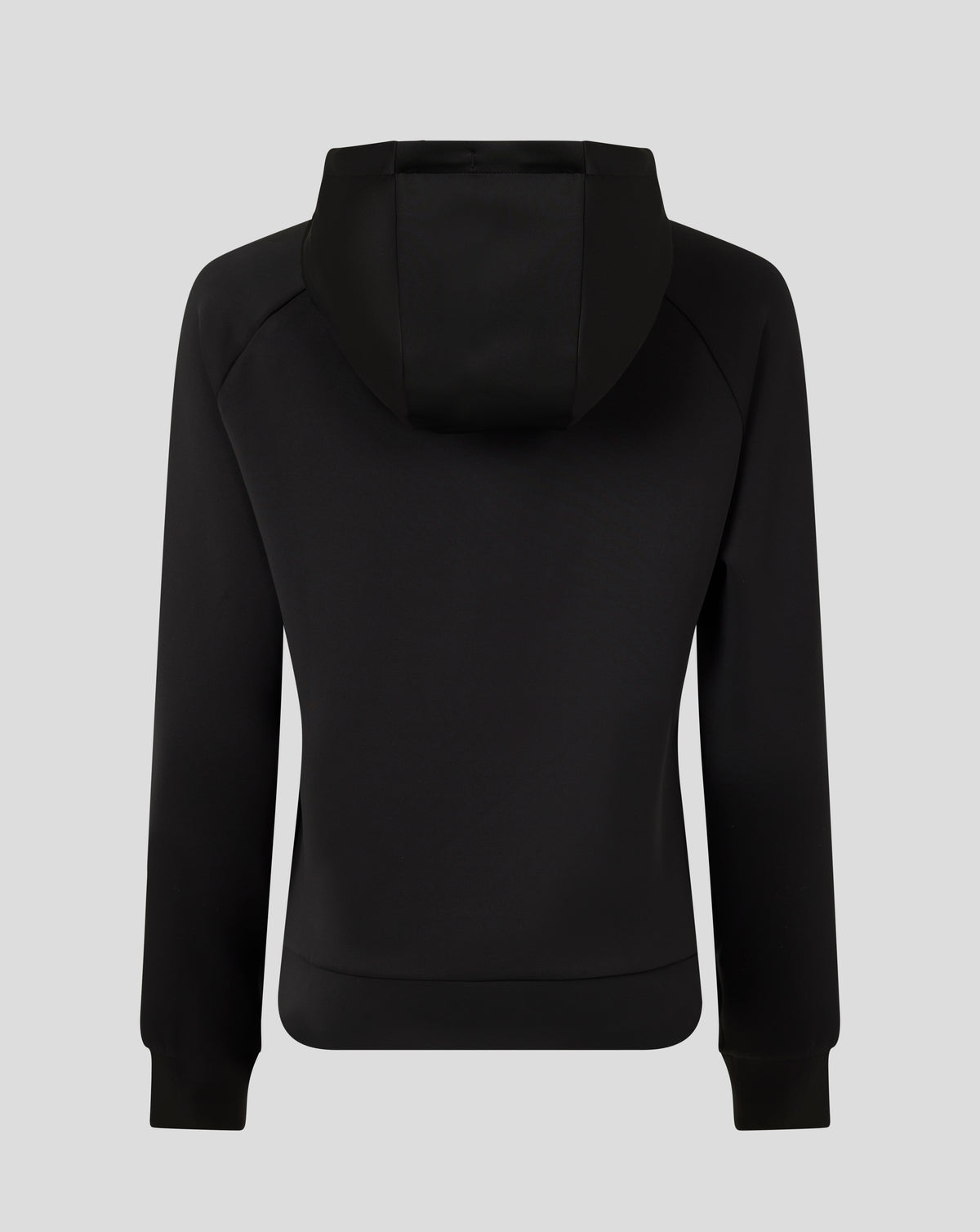 Back view of black England Ashes women's hoodie with hood up