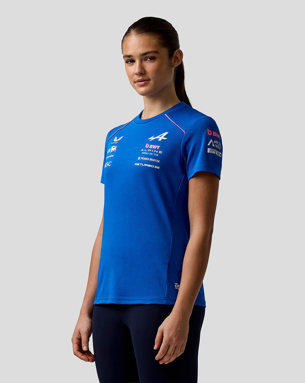 Person wearing a blue sports jersey with various logos on a gray background
