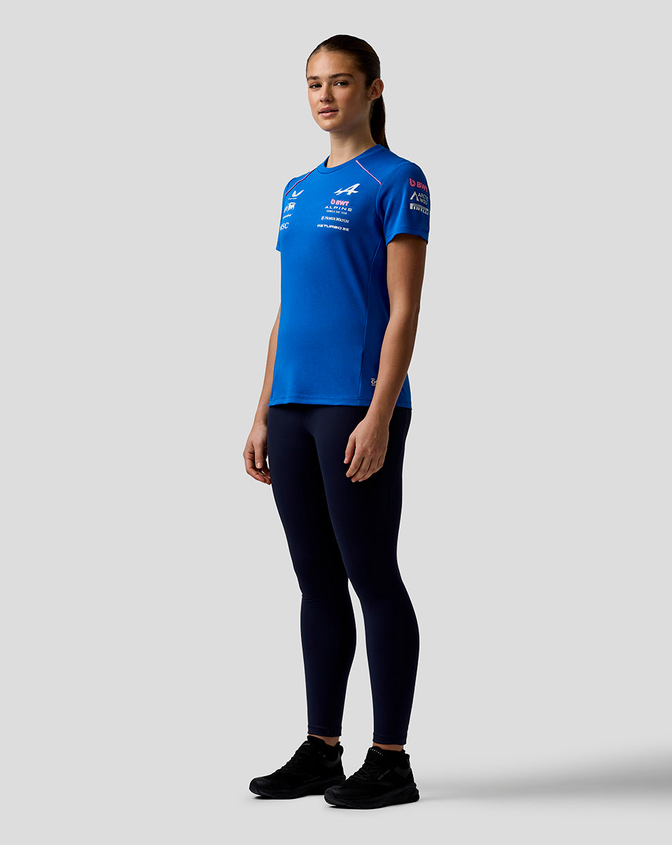 Person wearing a blue athletic shirt with logos on a white background