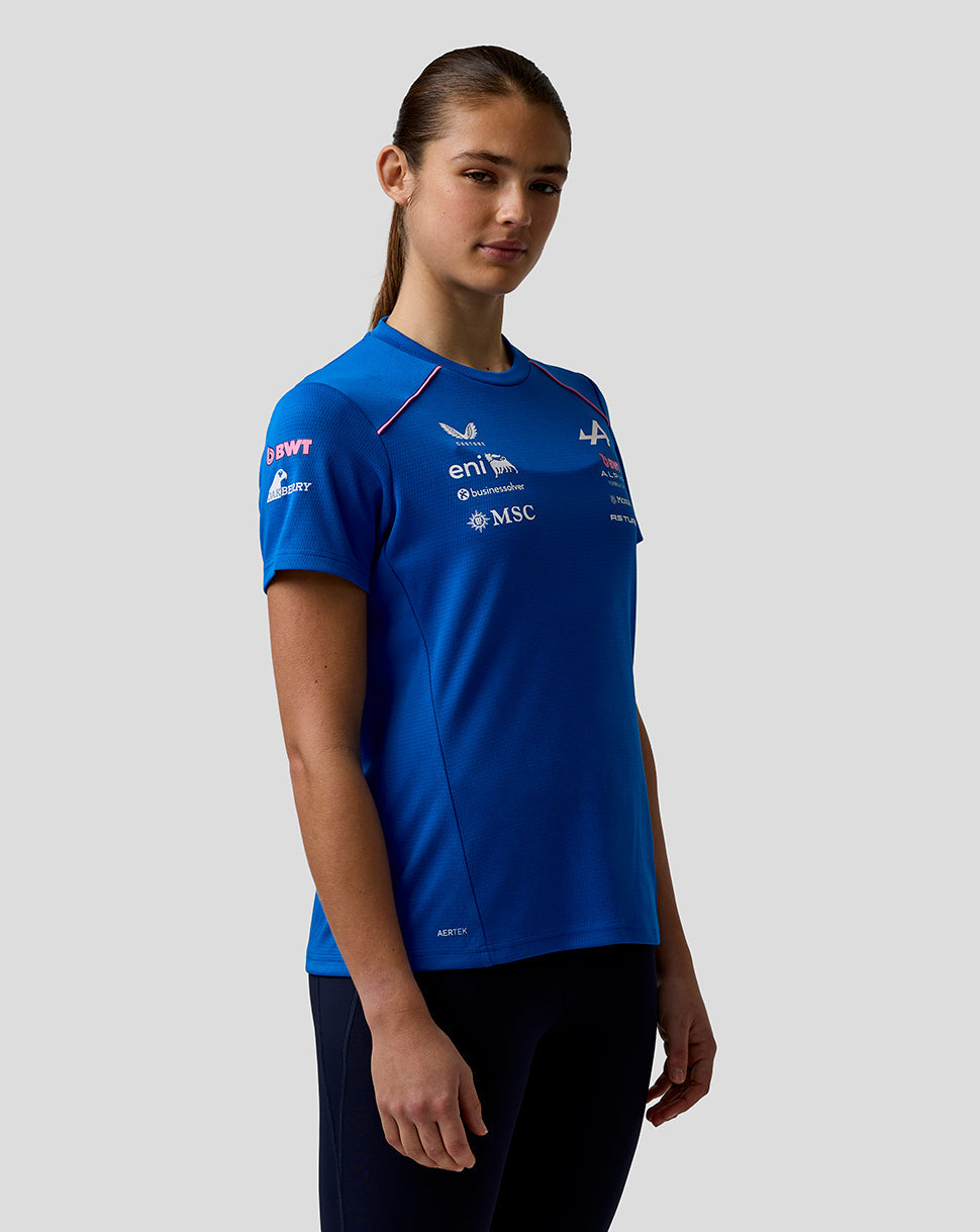 Person wearing a blue sports jersey with various logos on a gray background
