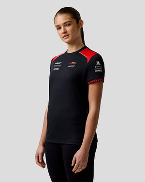 Person wearing a black and red sports jersey with branding on a light gray background