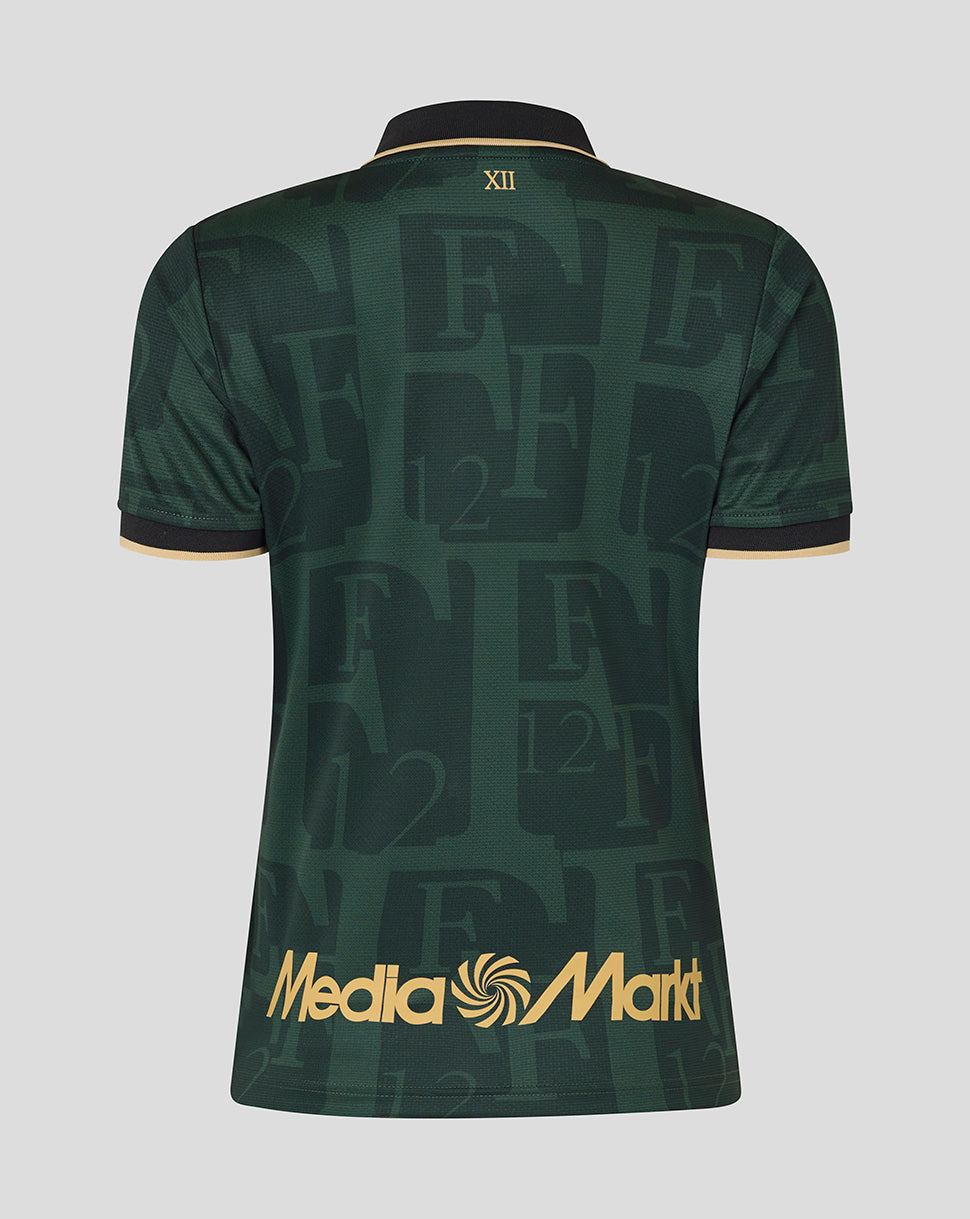 Back view of dark green Feyenoord Twelfth shirt with gold collar trim, allover F12 pattern and MediaMarkt logo at the hem.