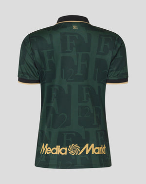 Back view of dark green Feyenoord Twelfth shirt with gold collar trim, allover F12 pattern and MediaMarkt logo at the hem.