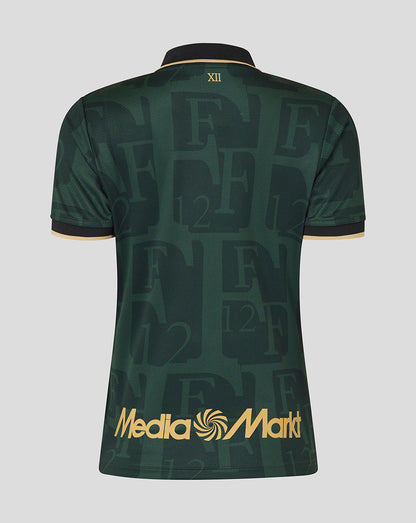 Back view of dark green Feyenoord Twelfth shirt with gold collar trim, allover F12 pattern and MediaMarkt logo at the hem.