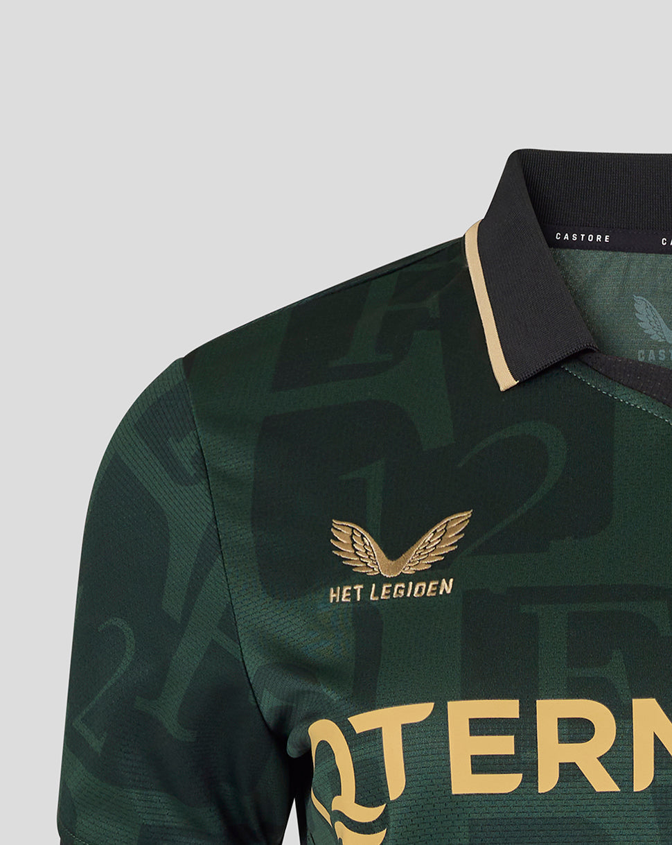 Close-up of chest area with Het Legioen wing logo and full-colour Feyenoord crest on dark green Twelfth Shirt with gold collar trim.