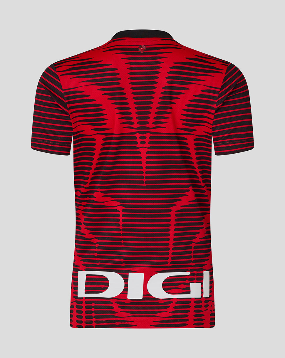 Back view of Athletic Club fourth shirt in red and black bold stripe pattern with large white DIGI logo at the hem.
