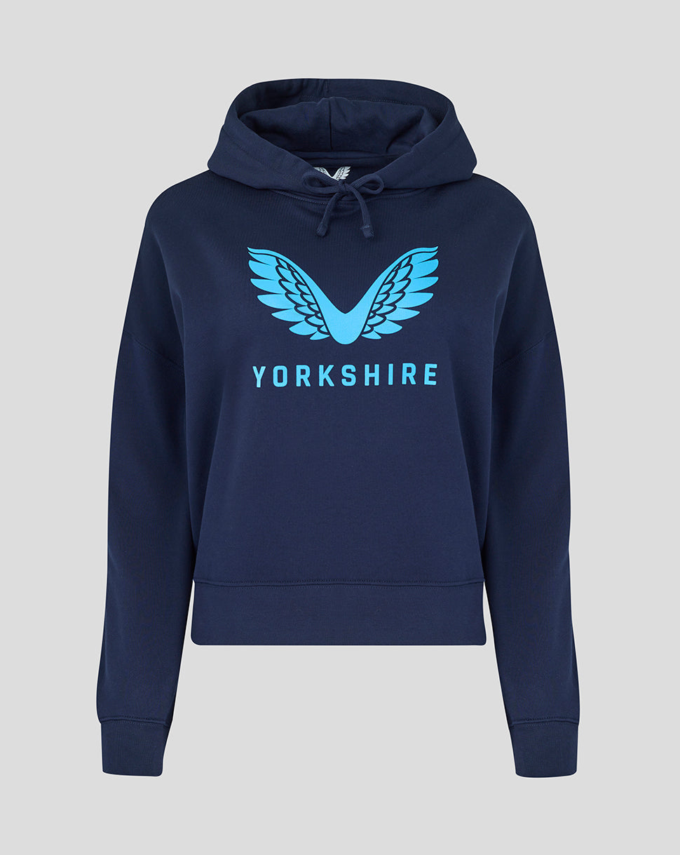 Navy hoodie with blue 'Yorkshire' logo on a light gray background