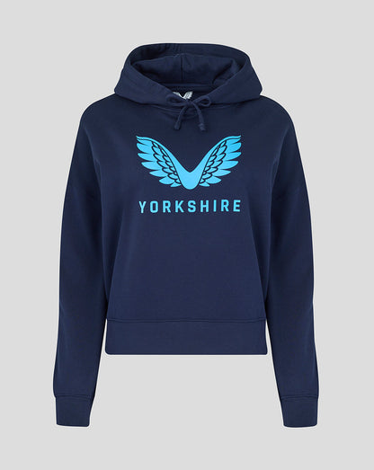 Navy hoodie with blue 'Yorkshire' logo on a light gray background