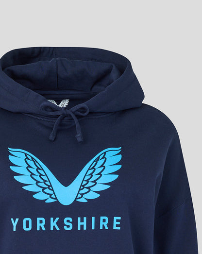 Navy hoodie with blue 'Yorkshire' logo on a light gray background