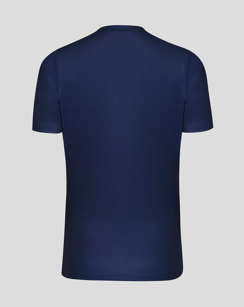 Navy blue t-shirt on a light gray background