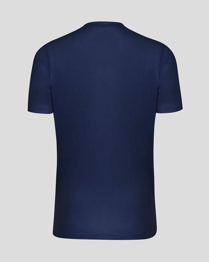 Navy blue t-shirt on a light gray background