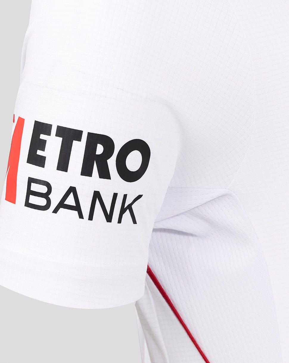 White sports jersey with 'Metro Bank' logo on a white background