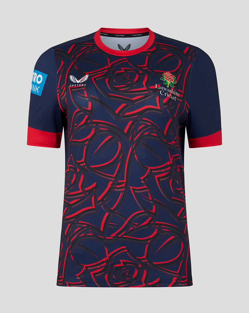 Navy blue sports jersey with red patterns and branding on a gray background