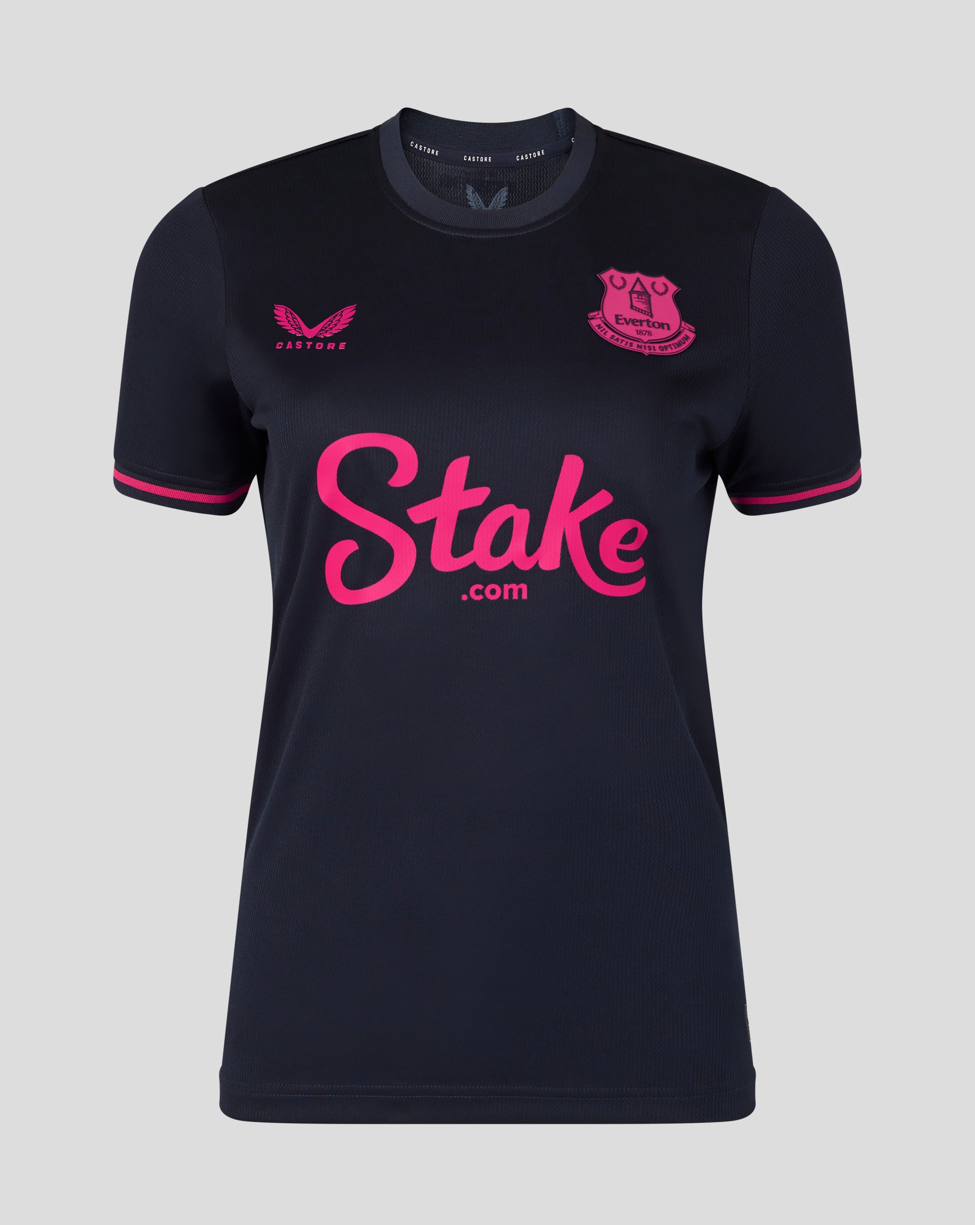 Black sports jersey with pink text and logo on a gray background