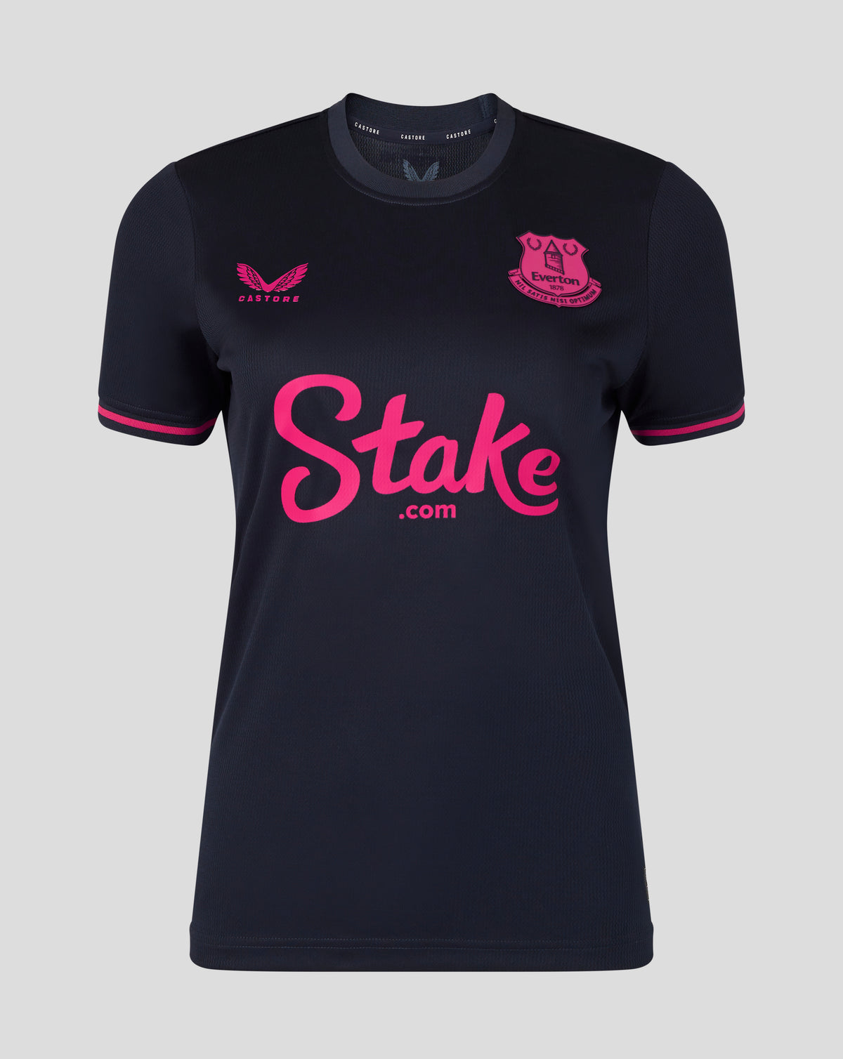 Black sports jersey with pink text and logo on a gray background