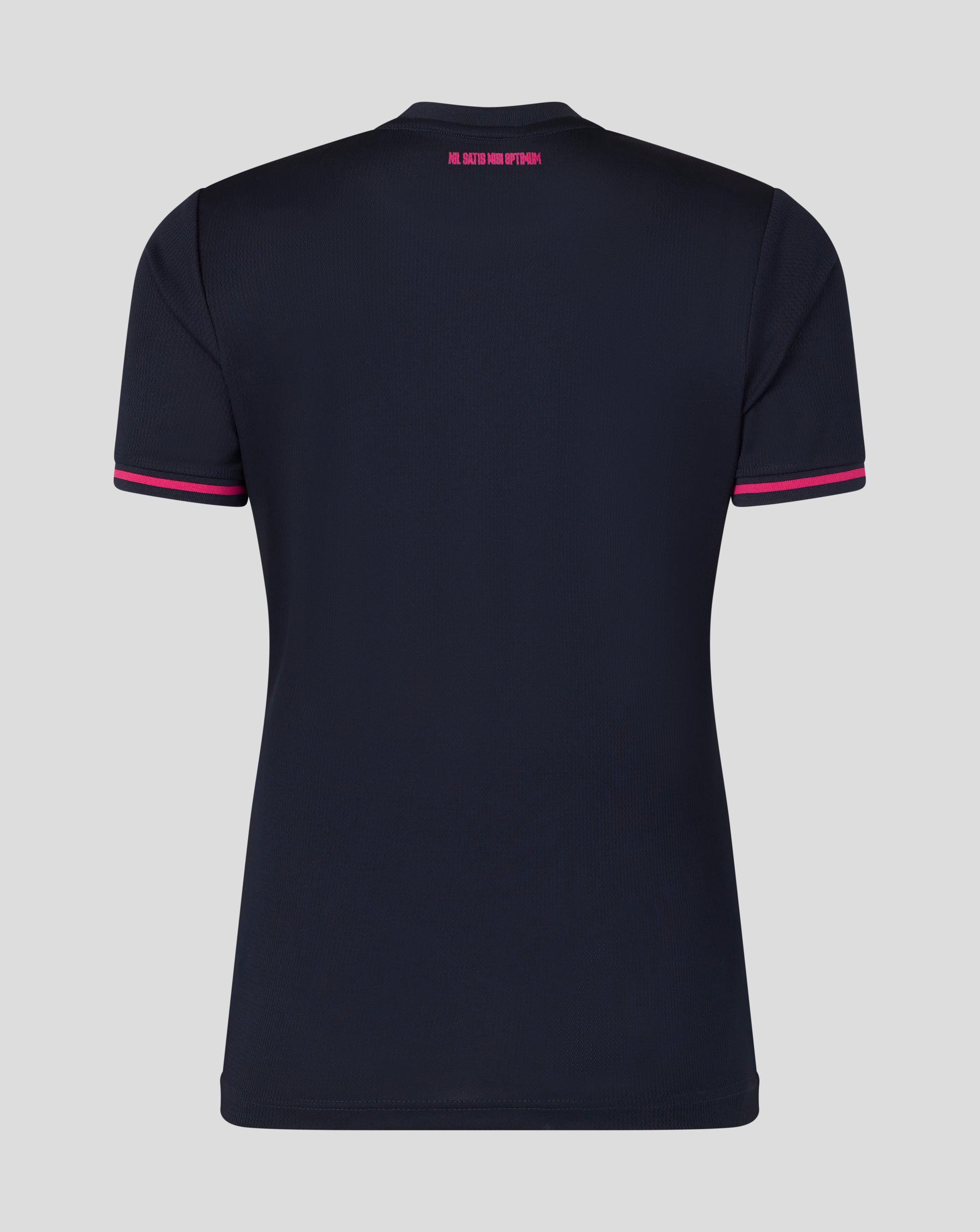 Black t-shirt with pink accents on a gray background