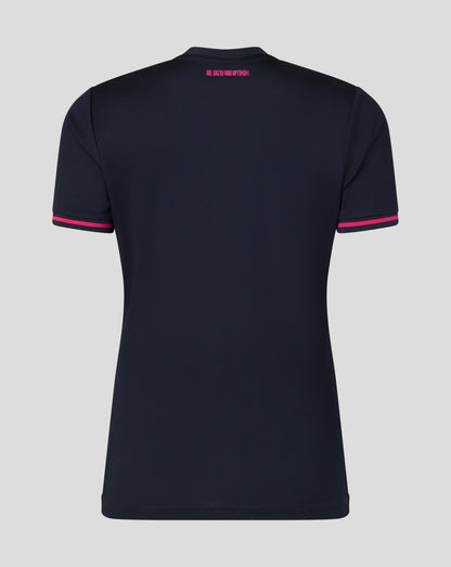 Black t-shirt with pink accents on a gray background