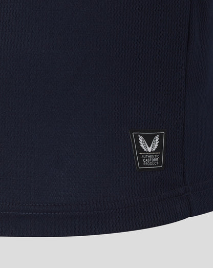 Navy blue fabric with a small logo on a white background