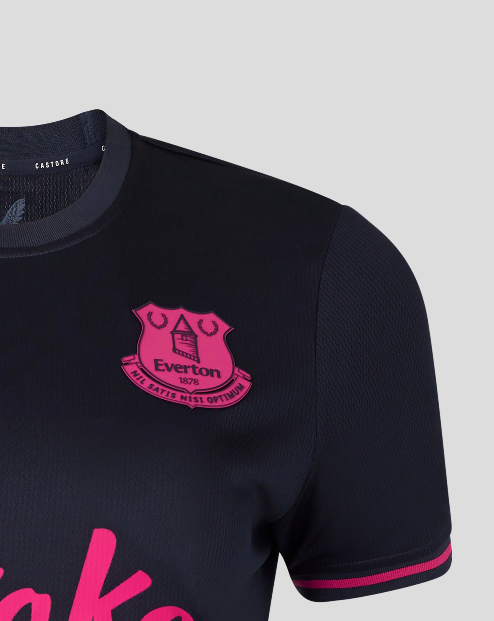 Black sports jersey with pink logo and text on a light gray background