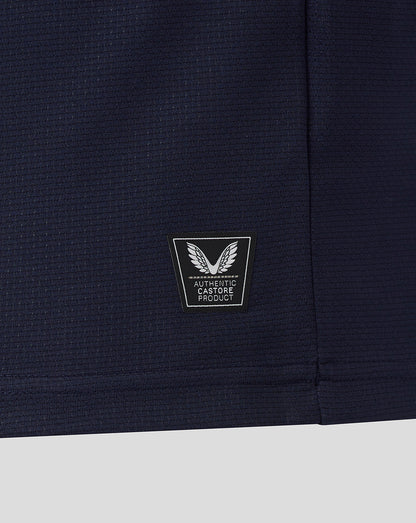 Navy blue fabric with a logo patch on a white background
