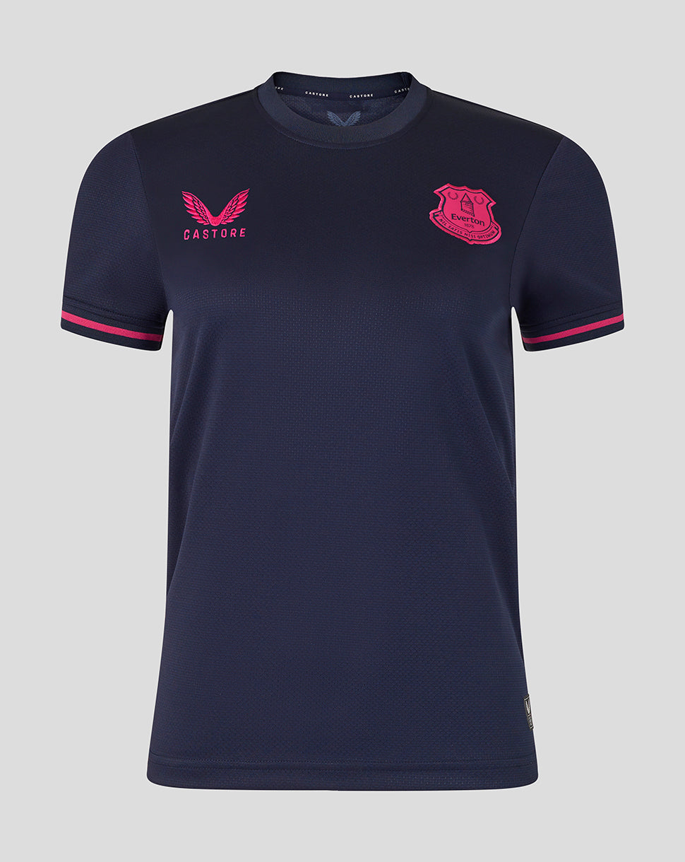 Navy blue t-shirt with pink accents and logos on a light gray background