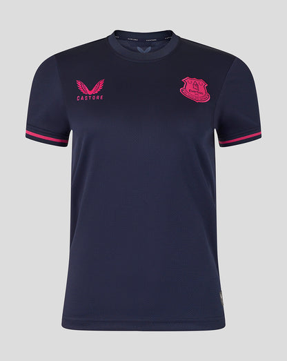 Navy blue t-shirt with pink accents and logos on a light gray background