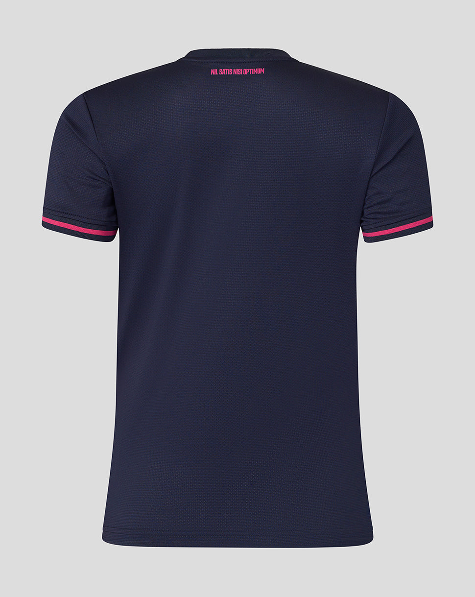 Navy blue t-shirt with pink accents on a gray background