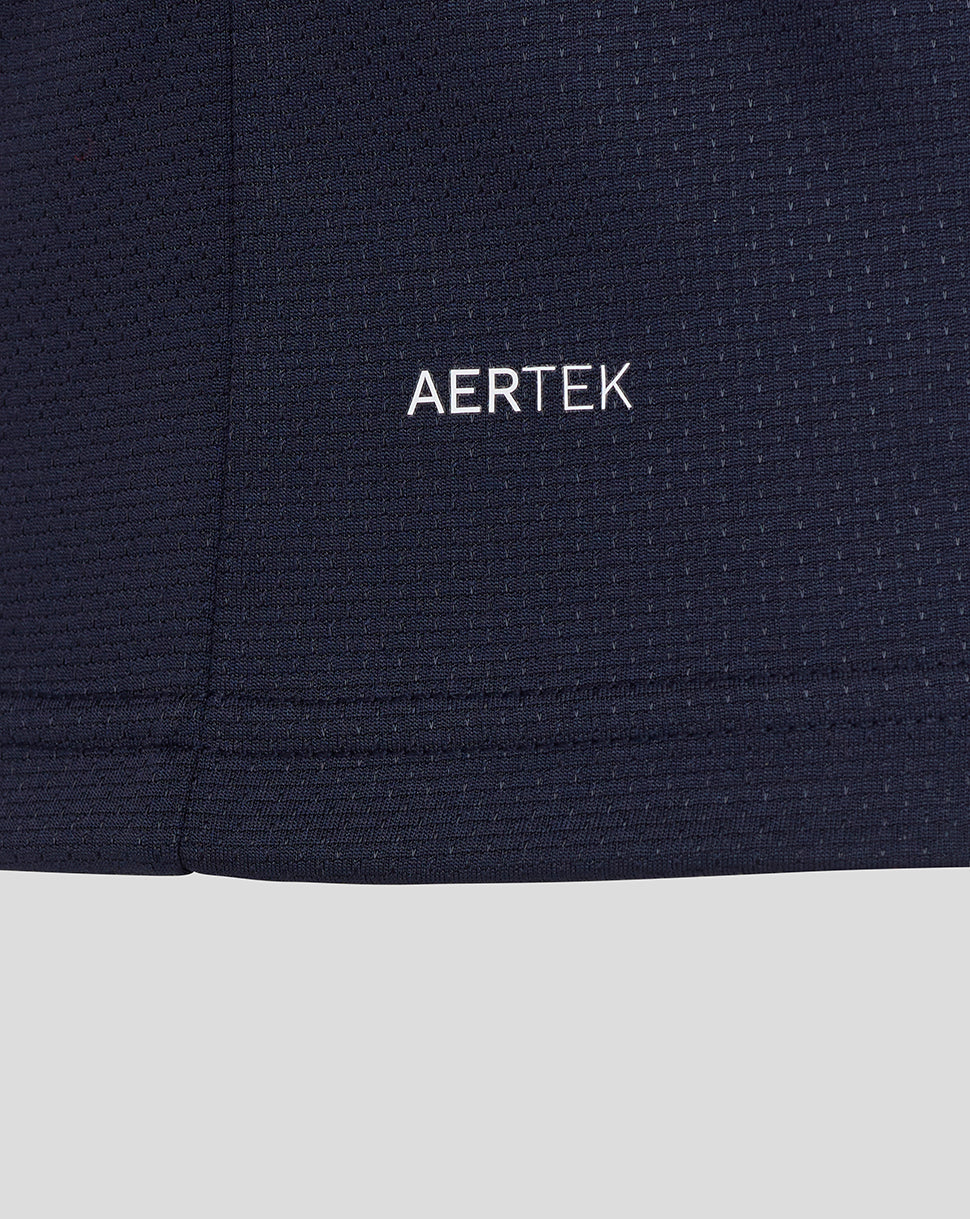 Close-up of a dark blue fabric with 'AERTEK' branding.