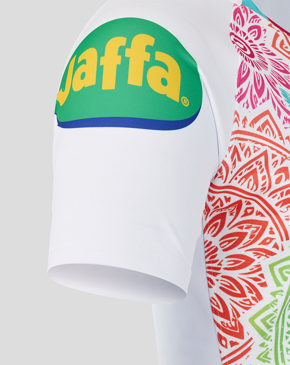 Colorful swimsuit with 'Jaffa' branding on a white background