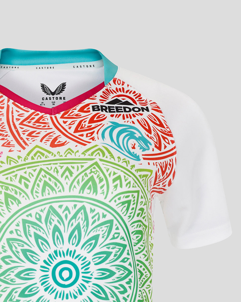 Colorful sports jersey with intricate patterns and 'Breedon' branding on a white background