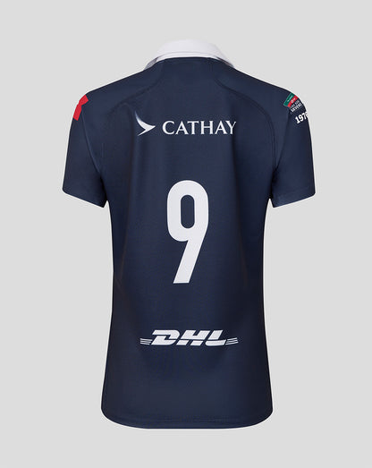 Navy sports jersey with 'Cathay' and 'DHL' logos on a light gray background